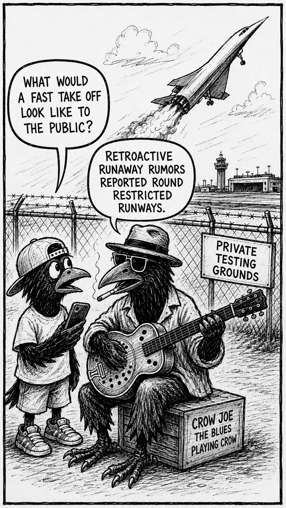 crow joe in the age of ai comic - kid crow, young crow with smartphone in hand, asks "what would a fast take off look like to the public?" crow joe the blues playing crow responds rhythmically "Retroactive runaway rumors reported round restricted runways" in the background is a jet taking off from a fenced in runway that says private testing grounds.  despite any obvious lack of reference this is a joke about an ai fast take off.  the arrival of agi might not be clear in the moment and the ai labs might not be telling the public everything.